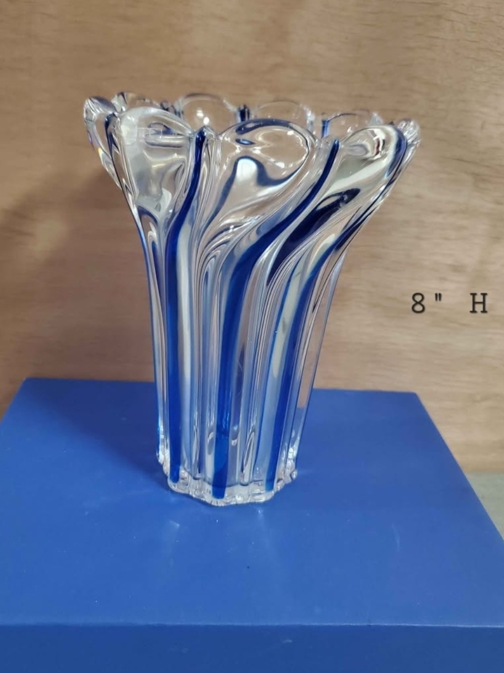 Mikasa Clear Glass Vase with Bold Blue Stripes